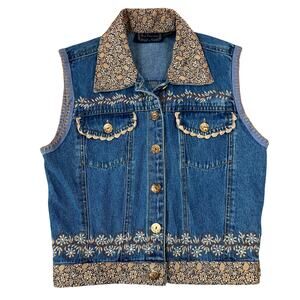Vintage New Directions Denim Button Front Embroidered Floral Vest (Sz S)